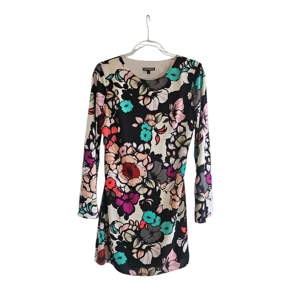 Express Womens Size 6 Mod Floral Mini Dress L/S Flare Sleeves Cutout Back